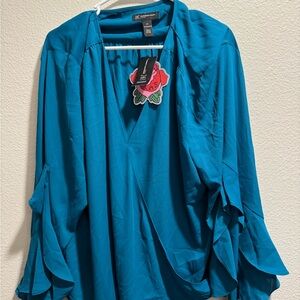 INC Teal Wrap Blouse with Floral Detail